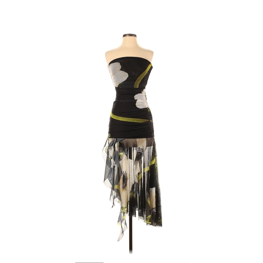 Zara Strapless Black Dress with White Floral and Lime Accents